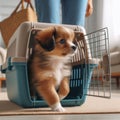 New puppy arrives to new home in pet carrier