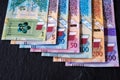New Qatari Riyal banknotes on black background