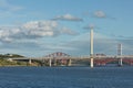 The new Queensferry Crossing bridge over the Firth of Forth with the older Forth Road bridge and the iconic Forth Rail Bridge Royalty Free Stock Photo