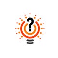 New question mark symbol, flat bright cartoon bulb. White and orange colors sign. Stylized vector lightbulb colorful
