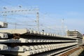 New rails and sleepers. The rails and sleepers are stacked on each other. Renovation of the railway. Rail road for the train