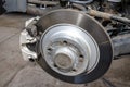 New rear brake calipers and brake discs with pads in a passenger car, on a car jack in the workshop. Royalty Free Stock Photo