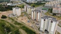 A new recently built neighborhood of apartment buildings. Drone video.