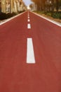 New red bikepath or pedestrian path separated by white line, traffic signs in the park. Bicycle path in European city Royalty Free Stock Photo