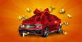 New red car presentation, automobile lottery prize, expensive gift 3d realistic vector concept. Passenger car covered