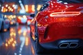 new red luxury sports car is on sale at dealership. Back taillight Royalty Free Stock Photo