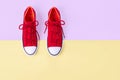 New red sneakers on yelow and purple background with copy space. Royalty Free Stock Photo