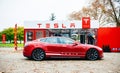 New red Tesla Model S electric car Royalty Free Stock Photo