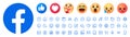 New redesign Facebook logo with updated icons and reactions, Facebook icon circle button.