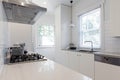 New renovated crisp white galley style kitchen Royalty Free Stock Photo
