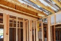 New residential construction home framing with basement view Royalty Free Stock Photo