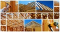 New residential construction home framing with roof view photo collage Royalty Free Stock Photo