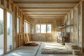 New Residential Construction Interior with Unfinished Wood Framing and Insulation Material Exposed Royalty Free Stock Photo