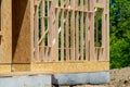 The new residential construction showcases impressive house framing against a clear blue sky and lumber planks Royalty Free Stock Photo