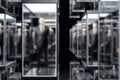 New robot generation concept with biorobots in suits inside transparent boxes on abstract dark background. 3D rendering
