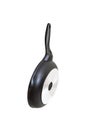 New round black grill frying skillet isolated. Side view