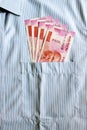 New 2000 rupee notes in an Indian mans shirts front pocket. Royalty Free Stock Photo