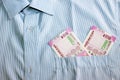 New 2000 rupee notes in an Indian mans shirts front pocket. Royalty Free Stock Photo