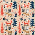 New seamless cute winter christmas pattern made with fox, rabbit, mushroom, bushes, plants, snow, tree