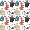 New seamless winter christmas pattern made with bears, rabbit, mushroom, plants, snow