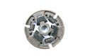 A new set of replacement automotive clutch on a white background. Disc and clutch basket with release bearing