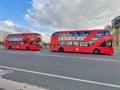 New shape Red London Routemaster bus on Westminster bridge