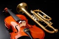 A new shining violin and an old trumpet on a dark table. Musical instruments, stringed and wind