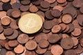 New shiny Bitcoin laying on a pile of old euro cent copper coins