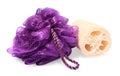 New shower puff and loofah sponge on white background. Personal hygiene Royalty Free Stock Photo