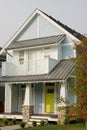 House Home Bright Yellow Door Exterior Front Elevation Rockwork Roof Details Royalty Free Stock Photo