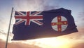 New South Wales state flag, Australia, waving in the wind, sky and sun background