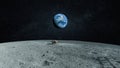 New space lunar mission. Landscape of the moon with stones and craters with a spacecraft on the surface. Blue planet earth view