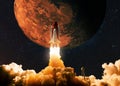 New Space Shuttle Rocket with blast and smoke takes off to the red planet mars, concept. Spacecraft lift off to explore other Royalty Free Stock Photo