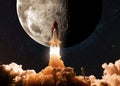 New space shuttle rocket with smoke and clouds takes off into the sky with moon. Shuttle spaceship liftoff to moon. Space Mission Royalty Free Stock Photo