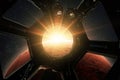 New spaceship flies up to the red planet Mars at an amazing sunset, the view from the cabin porthole window. ISS is flying in Royalty Free Stock Photo