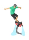 New spectacular extreme sport flyboard summer action splash active recreation man flat vector.