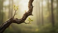 New Spring Leaves Sprouting on Twisted Tree Branch in Forest Royalty Free Stock Photo