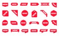 New sticker collection. Sale ribbons set. Red discount labels on white backdrop. Shopping tags. New arrival template
