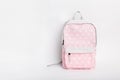 New stylish pink school backpack on white background