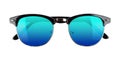 New stylish sunglasses with light blue lenses on white background, top view Royalty Free Stock Photo