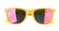 New stylish sunglasses with yellow frame isolated on white, top view Royalty Free Stock Photo