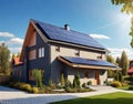 New suburban house with a photovoltaic system on the roof. Modern eco friendly passive house Royalty Free Stock Photo