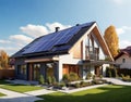 New suburban house with a photovoltaic system on the roof. Modern eco friendly passive house Royalty Free Stock Photo