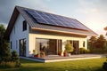 New suburban house with a photovoltaic system on the roof. Modern eco friendly passive house with landscaped yard. Solar Royalty Free Stock Photo