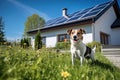 New suburban house with a photovoltaic system on the roof. Modern eco friendly passive house with landscaped yard. Solar Royalty Free Stock Photo