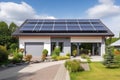 New suburban house with a photovoltaic system on the roof. Modern eco friendly passive house with solar panels on the