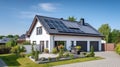 New suburban house with a photovoltaic system on the roof. Modern eco friendly passive house with solar panels on the gable roof, Royalty Free Stock Photo