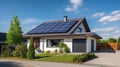 New suburban house with a photovoltaic system on the roof. Modern eco friendly passive house with solar panels on the gable roof, Royalty Free Stock Photo