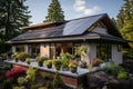 New suburban passive house with photovoltaic system and solar panels on gable roof Royalty Free Stock Photo