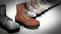 New suede boot stands out among old used boots. 3D illustration